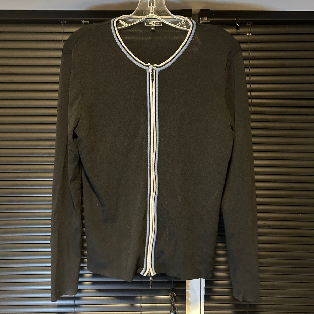 Rino Rossi Knits Full Zip Cardigan Womens M Black Blue Stripe Sporty Sweater